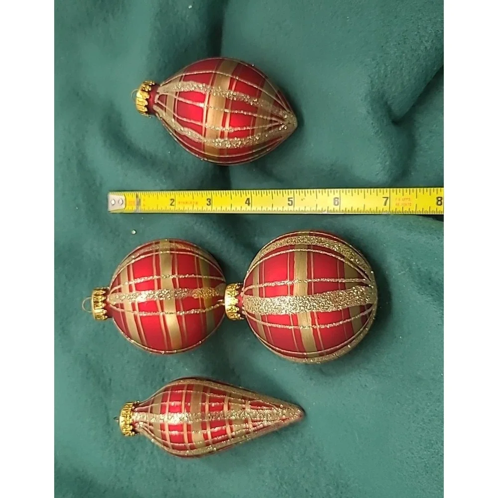 Four Red and Gold Hand‎ Painted Plaid Glass Christmas Ornaments